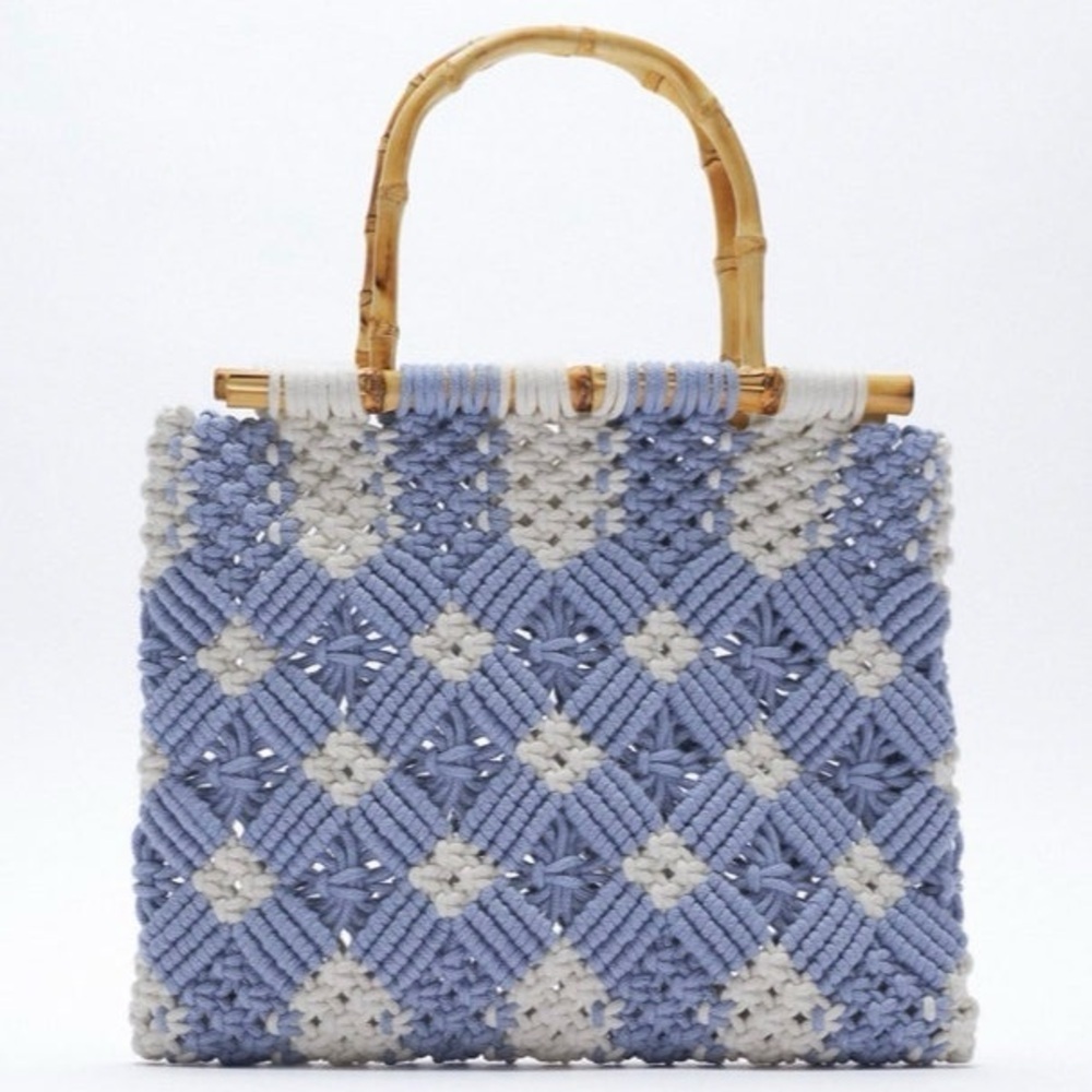 Zara Handcrafted Blue and White Macarame shopper with bamboo handles Bag